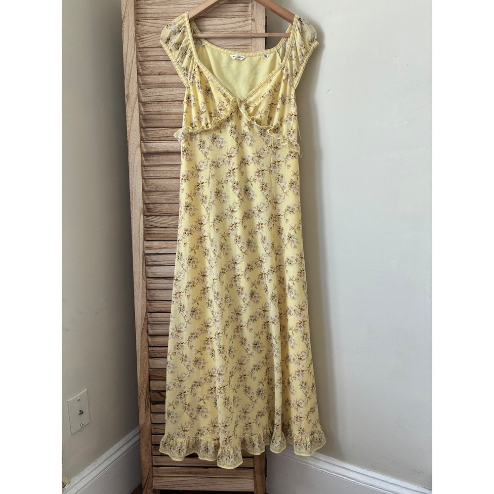 Max Studio Cottagecore Yellow Floral Ruffle Midi Dress Cap Sleeve Size S